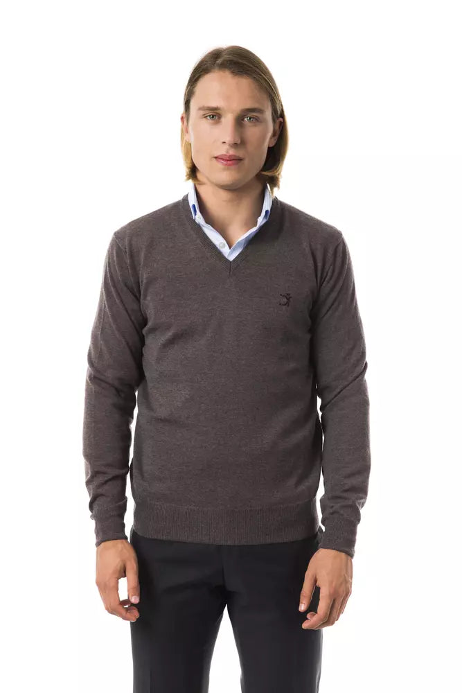 Grå Uominitaliani V-hals sweater i merinould