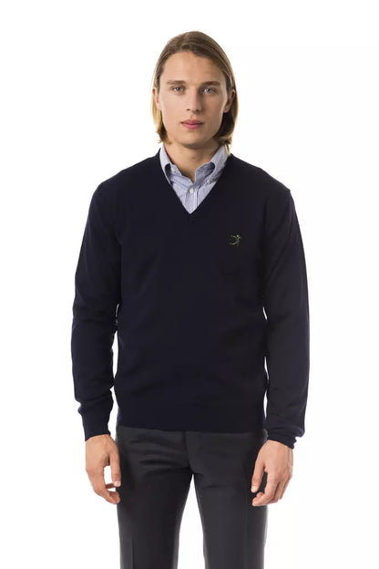 Uominitaliani V-hals sweater i merinould til mænd – blå