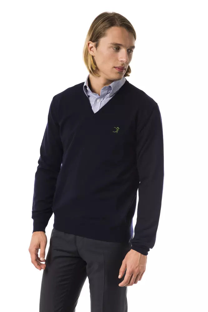 Uominitaliani V-hals sweater i merinould til mænd – blå