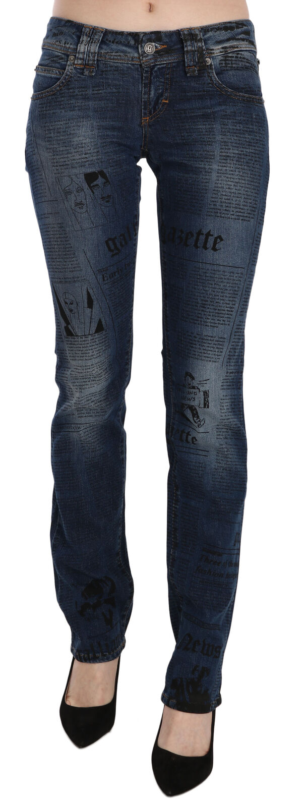 John Galliano blå low waist skinny jeans i bomuld med avistryk