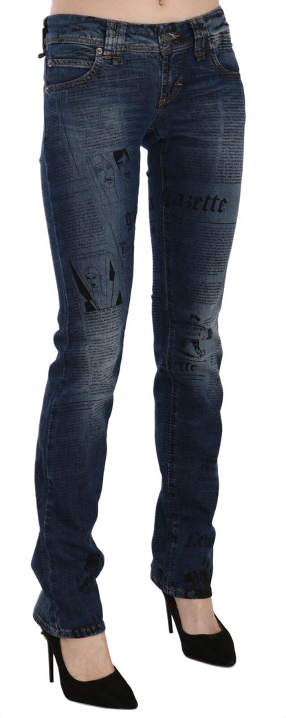 John Galliano blå low waist skinny jeans i bomuld med avistryk