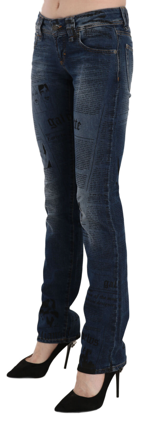 John Galliano blå low waist skinny jeans i bomuld med avistryk