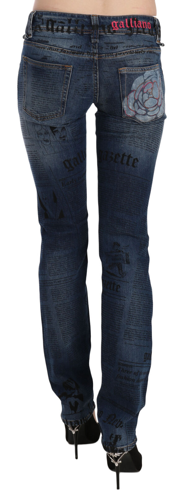 John Galliano blå low waist skinny jeans i bomuld med avistryk