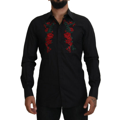 Dolce & Gabbana Black Floral Embroidery Men Long Sleeves GOLD Shirt