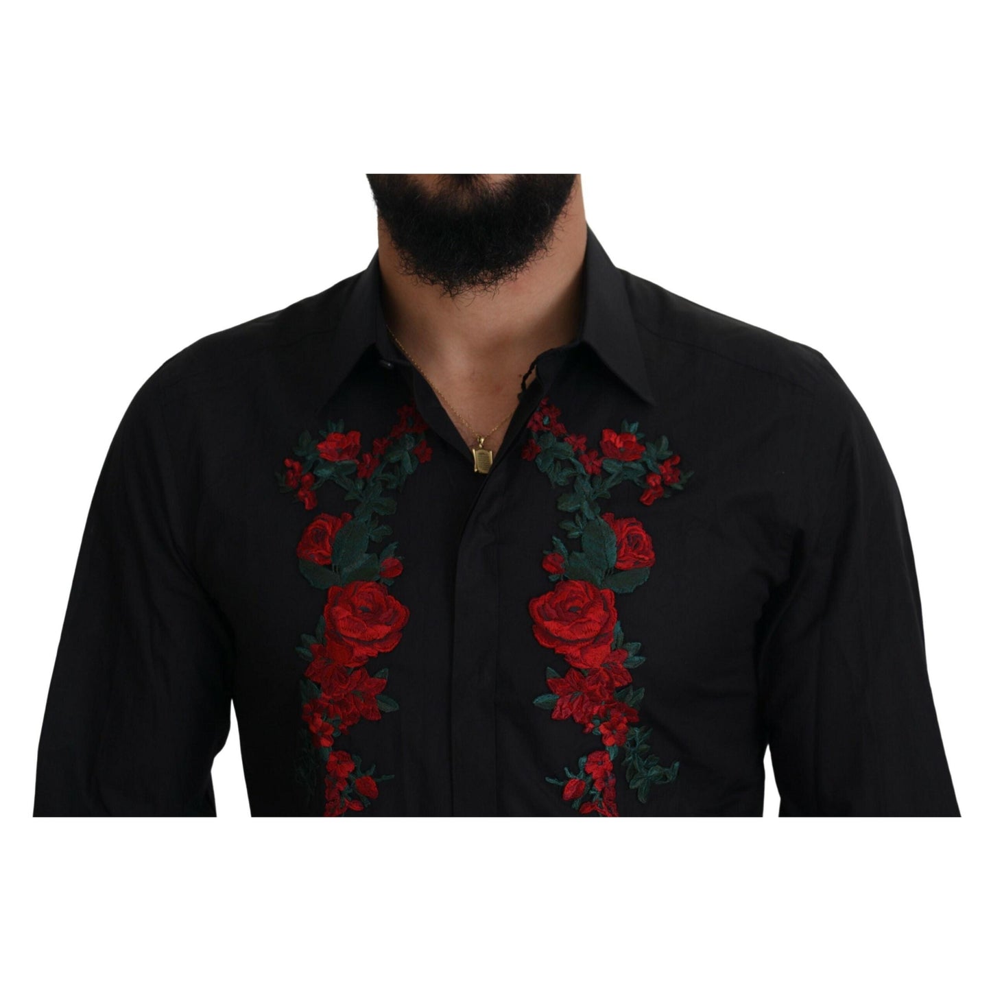 Dolce & Gabbana Black Floral Embroidery Men Long Sleeves GOLD Shirt