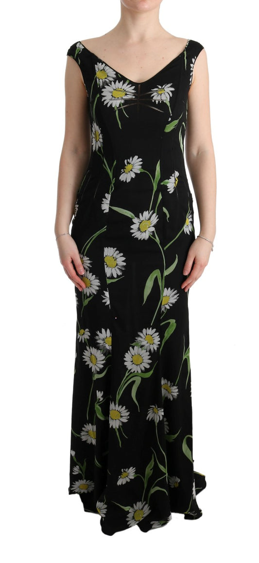 Sort Dolce & Gabbana etuikjole i silke med hvidt solsikkeprint