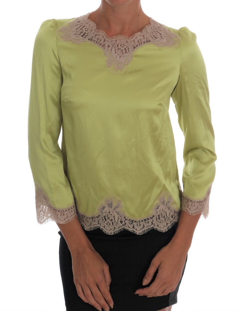 Dolce & Gabbana lysegrøn silkebluse med beige blomsterblonde