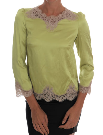 Dolce & Gabbana lysegrøn silkebluse med beige blomsterblonde