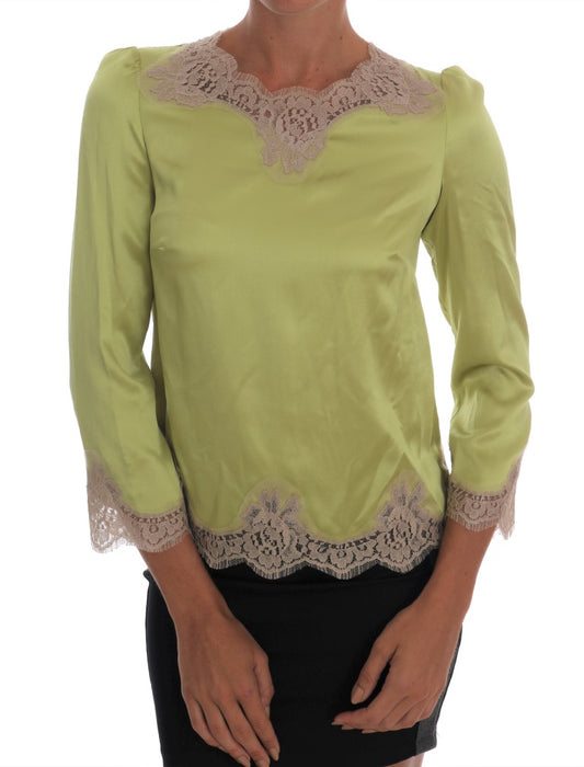 Dolce & Gabbana lysegrøn silkebluse med beige blomsterblonde