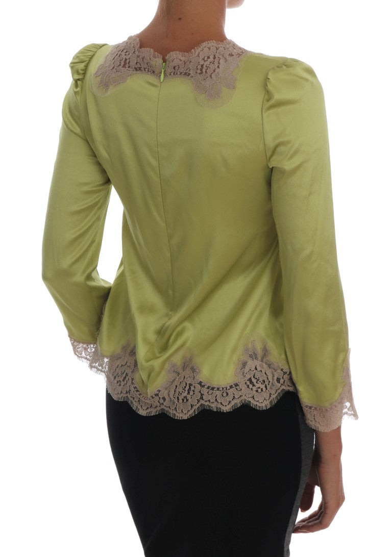 Dolce & Gabbana lysegrøn silkebluse med beige blomsterblonde