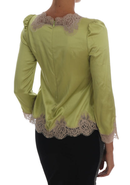 Dolce & Gabbana lysegrøn silkebluse med beige blomsterblonde