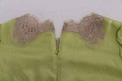 Dolce & Gabbana lysegrøn silkebluse med beige blomsterblonde