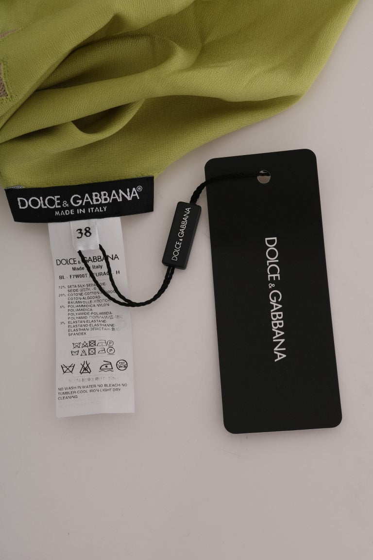 Dolce & Gabbana lysegrøn silkebluse med beige blomsterblonde