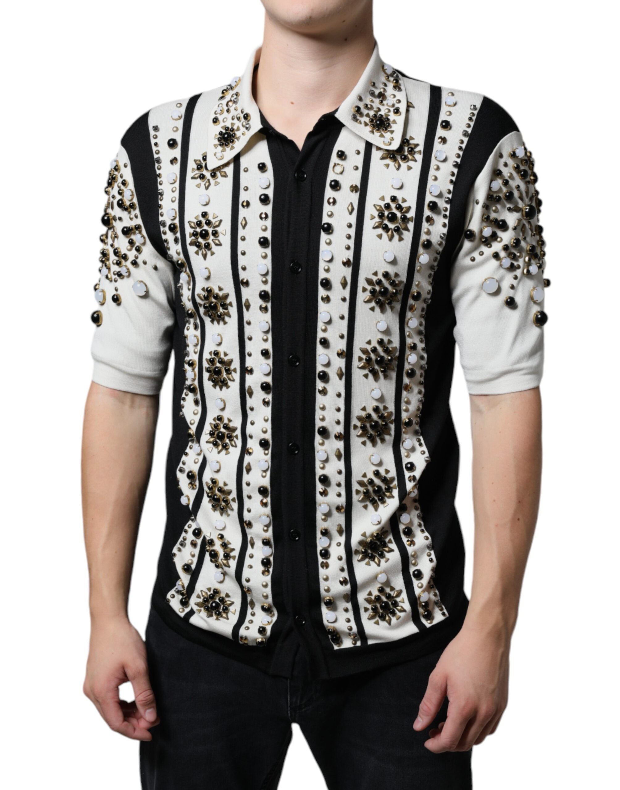 Dolce & Gabbana silkeskjorte med krystaludsmykning – sort/hvid