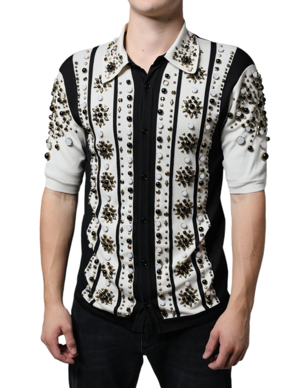 Dolce & Gabbana silkeskjorte med krystaludsmykning – sort/hvid