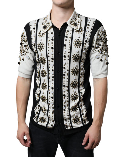 Dolce & Gabbana silkeskjorte med krystaludsmykning – sort/hvid