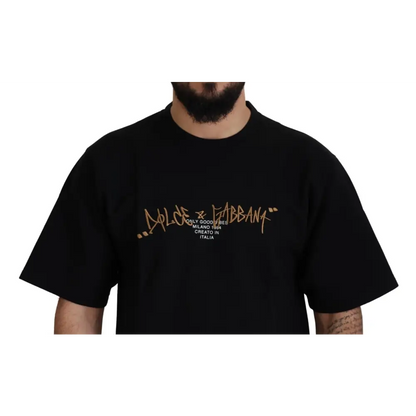 Dolce & Gabbana sort T-shirt med guld graffiti molde & fabbank, outlet mærkevarer 100% originale brands