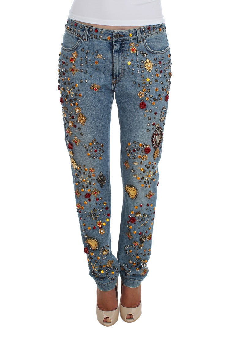 Dolce & Gabbana lyseblå boyfriend-jeans med krystalhjerte og roser