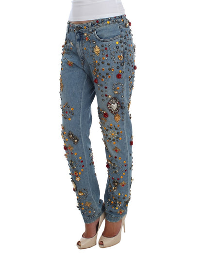 Dolce & Gabbana lyseblå boyfriend-jeans med krystalhjerte og roser