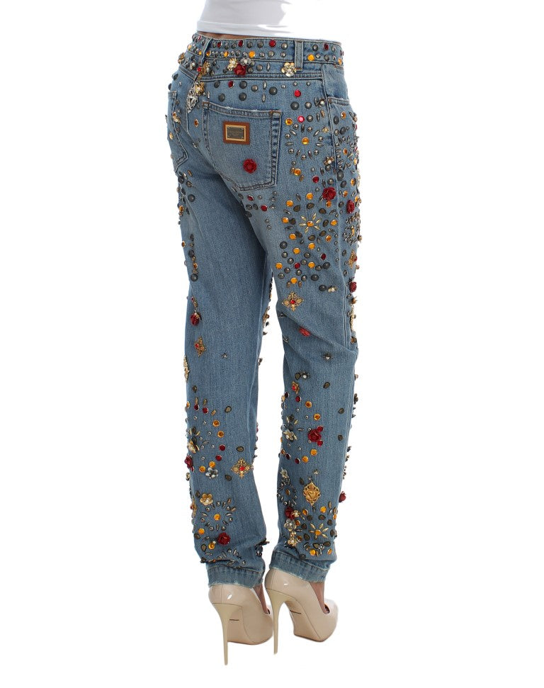 Dolce & Gabbana lyseblå boyfriend-jeans med krystalhjerte og roser