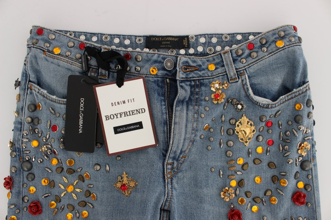 Dolce & Gabbana lyseblå boyfriend-jeans med krystalhjerte og roser