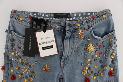 Dolce & Gabbana lyseblå boyfriend-jeans med krystalhjerte og roser
