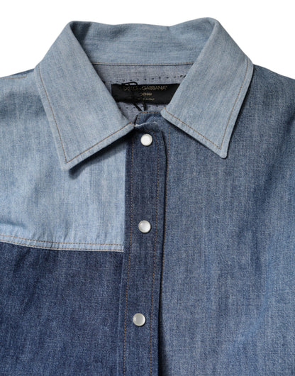 Dolce & Gabbana Blue Cotton Button Up Collared Long Sleeve Top