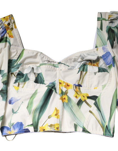 Dolce & Gabbana White Floral Puff Sleeves Crop Blouse Top