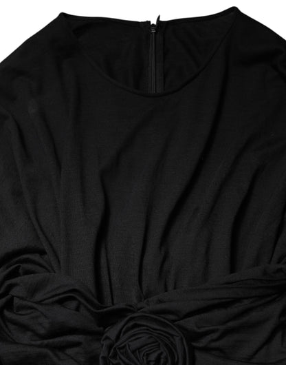 Dolce & Gabbana Black Wool Long Sleeves Sheath Midi Dress