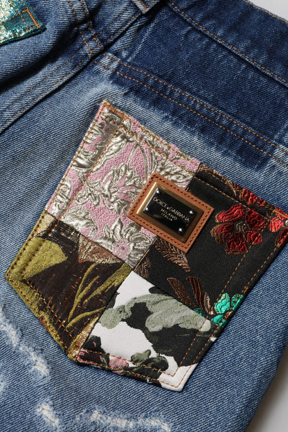 Dolce & Gabbana Blue Cotton Tattered High Waist Denim Jeans