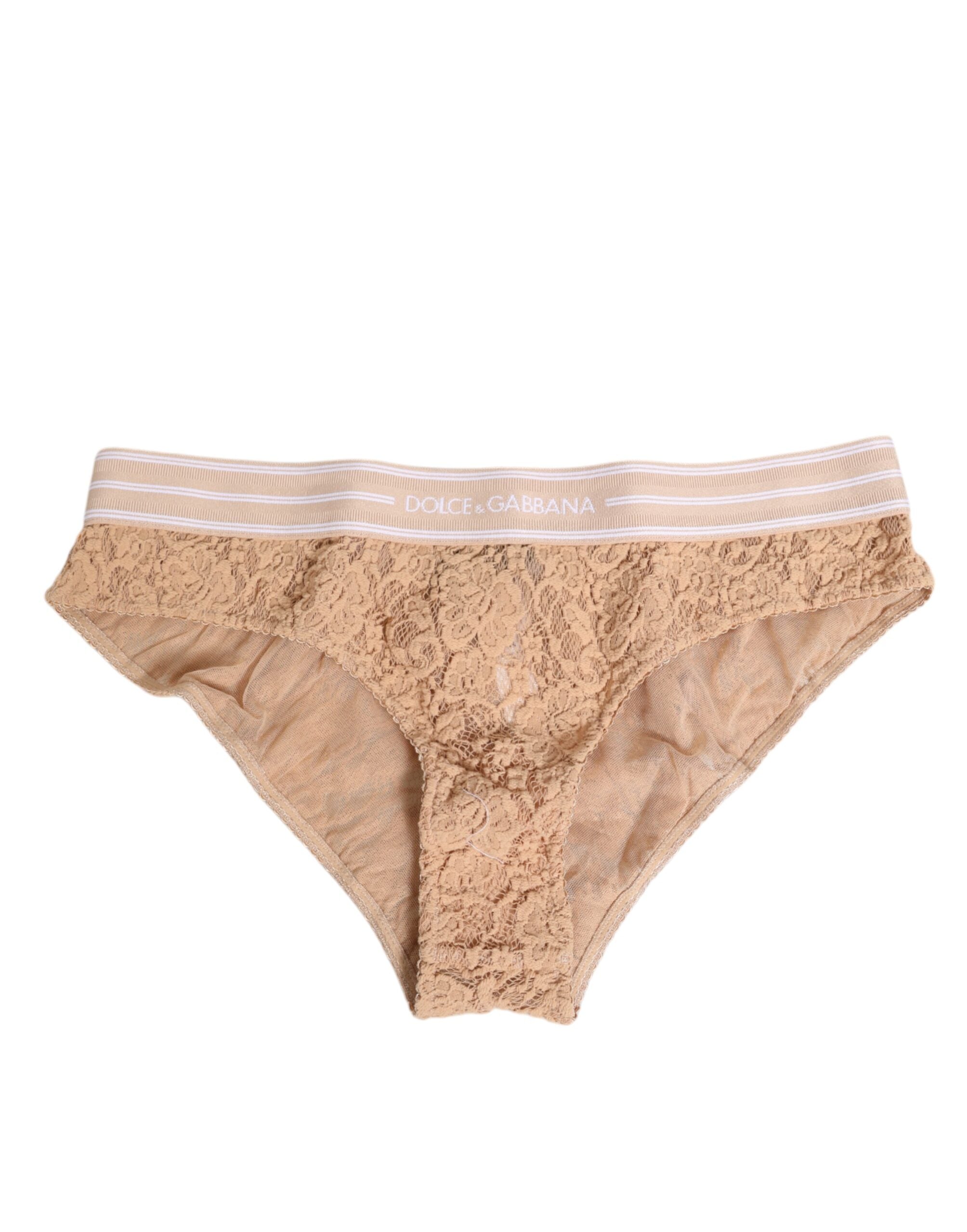 Dolce & Gabbana Beige Lace Brasiliano Briefs Logo Waistband Underwear