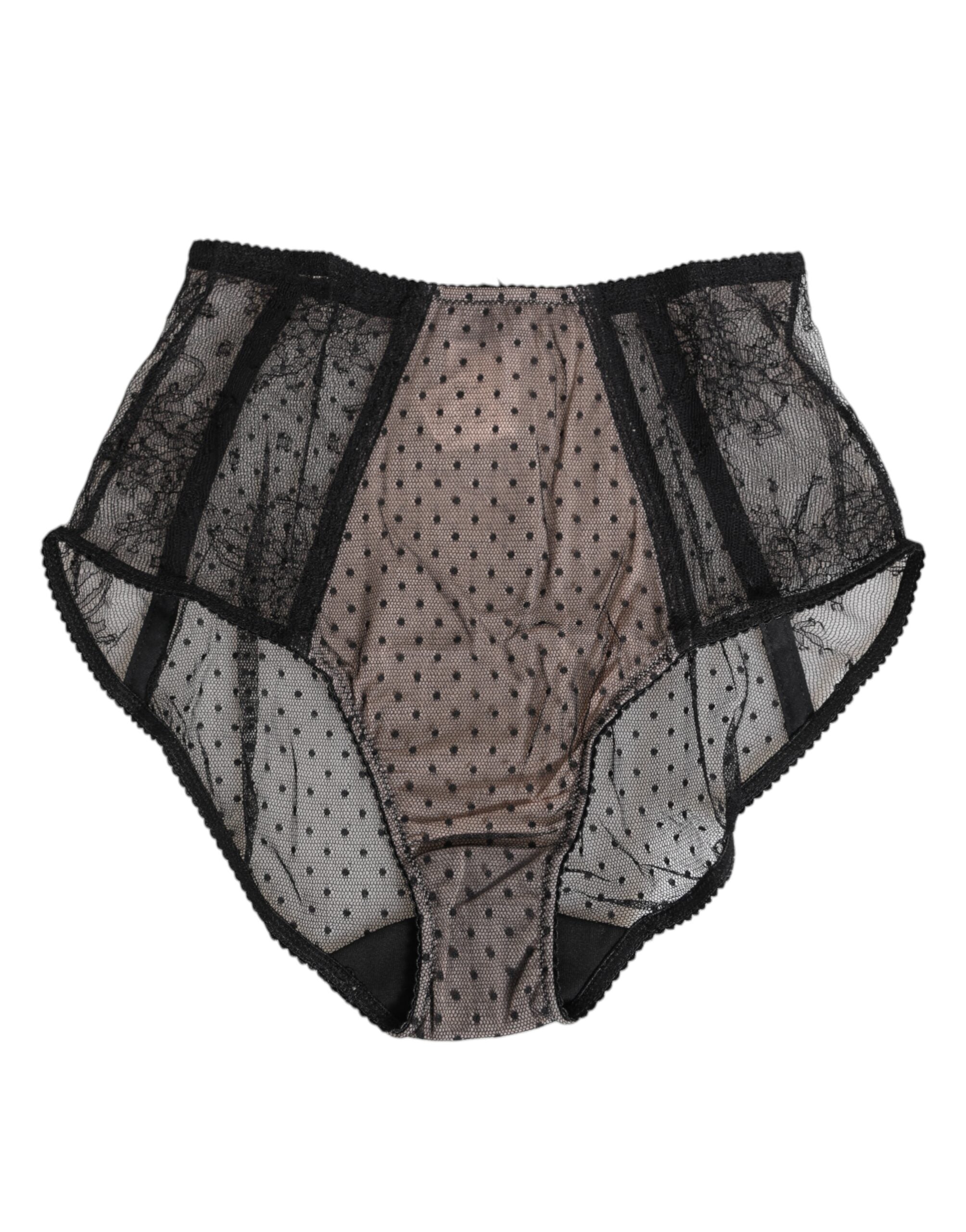 Dolce & Gabbana Black Sheer Polka Dot Lace High Waist Underwear
