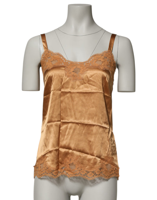 Brun Dolce & Gabbana silkesatintop med blomsterblonde