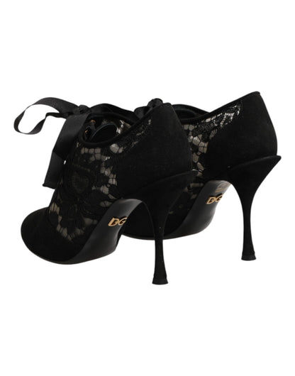 Dolce & Gabbana Black Floral High Heels LACE-UPS Pumps Shoes