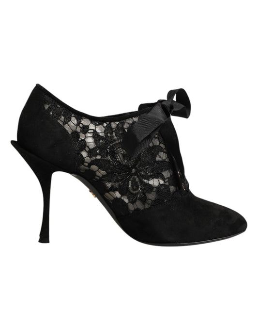 Dolce & Gabbana Black Floral High Heels LACE-UPS Pumps Shoes