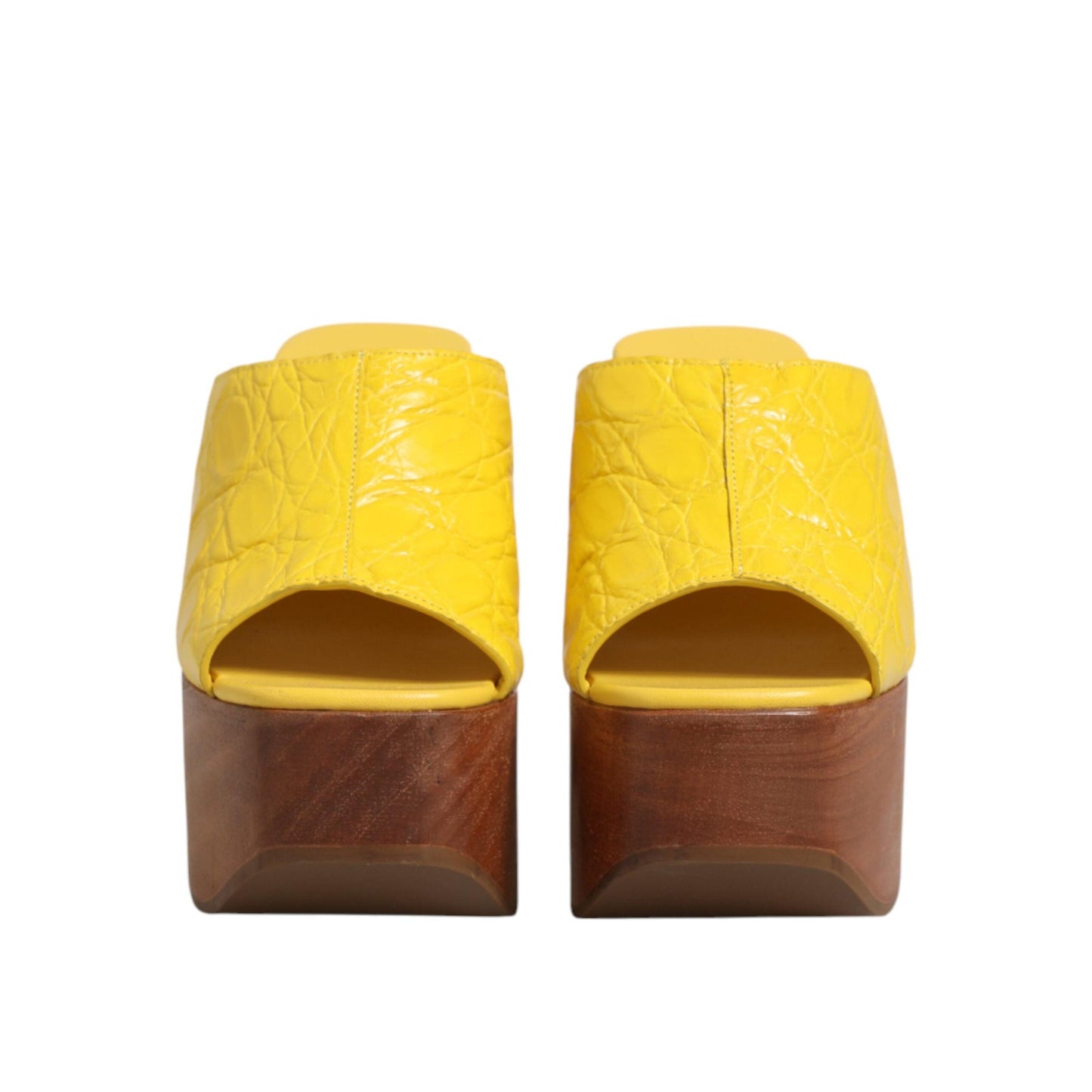 Dolce & Gabbana Yellow Leather Wood Mule Wedge Slides Shoes