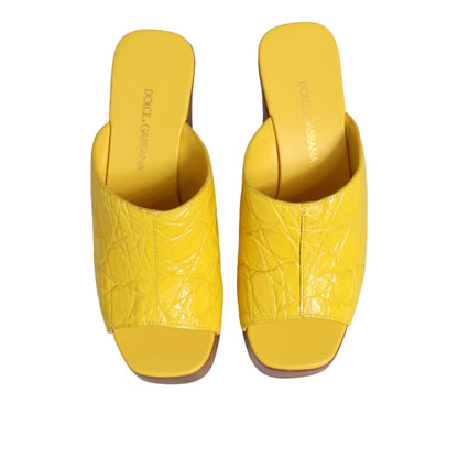 Dolce & Gabbana Yellow Leather Wood Mule Wedge Slides Shoes