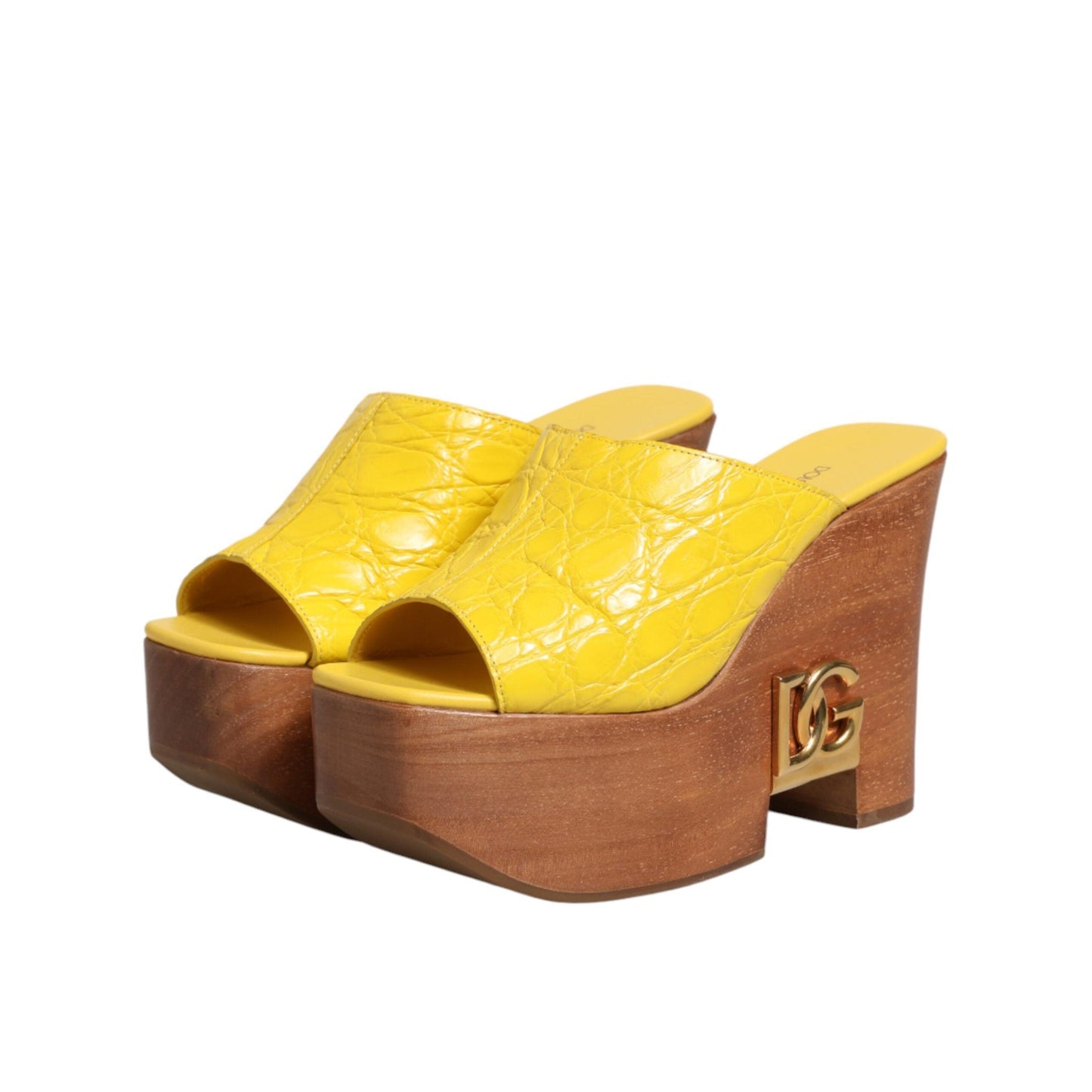 Dolce & Gabbana Yellow Leather Wood Mule Wedge Slides Shoes