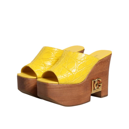 Dolce & Gabbana Yellow Leather Wood Mule Wedge Slides Shoes
