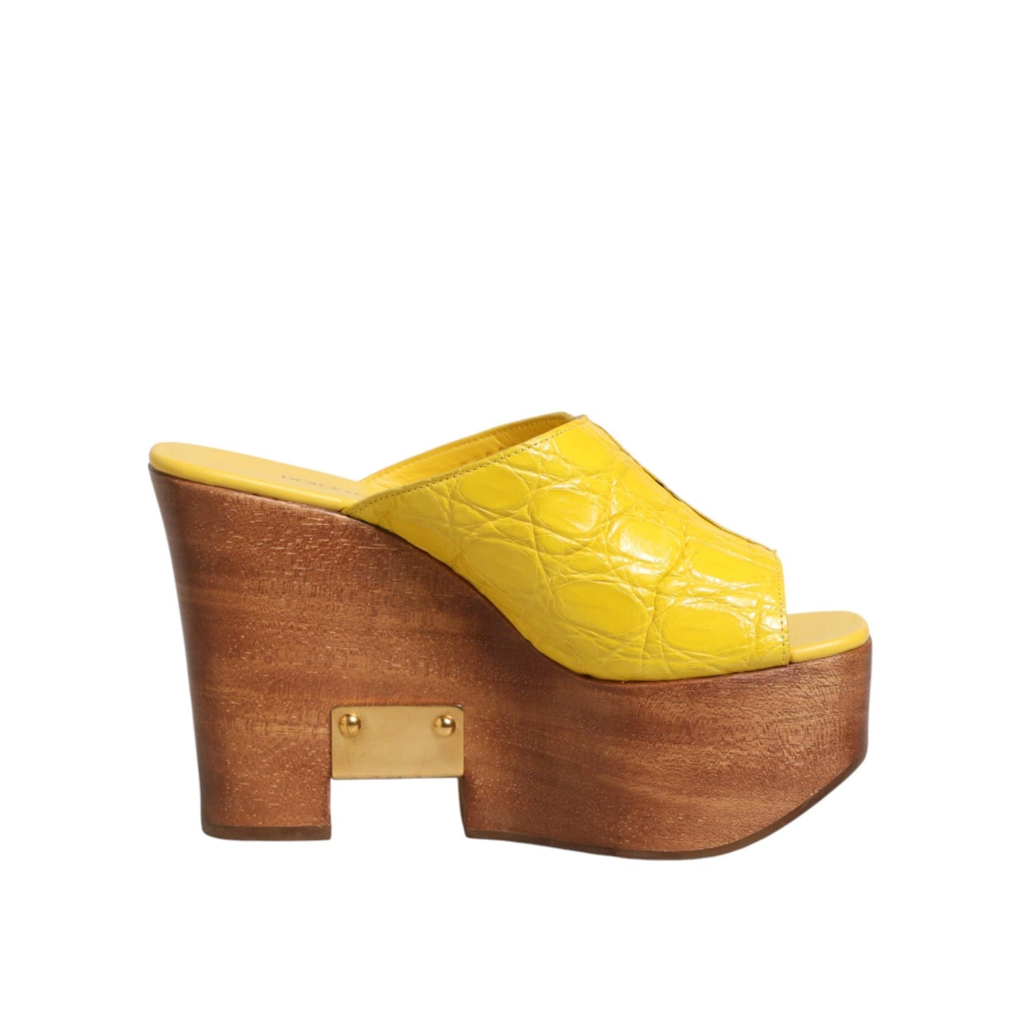 Dolce & Gabbana Yellow Leather Wood Mule Wedge Slides Shoes