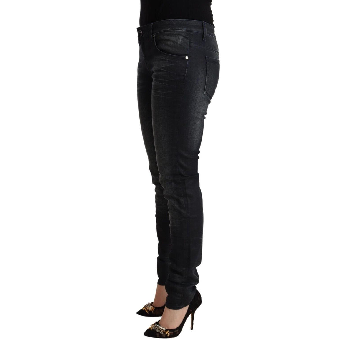 Acht Black Washed Cotton Low Waist Slim Fit Denim Jeans