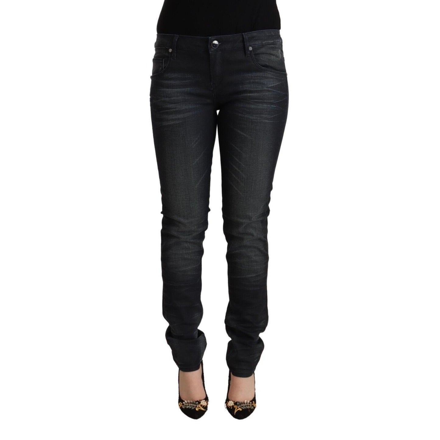 Acht Black Washed Cotton Low Waist Slim Fit Denim Jeans