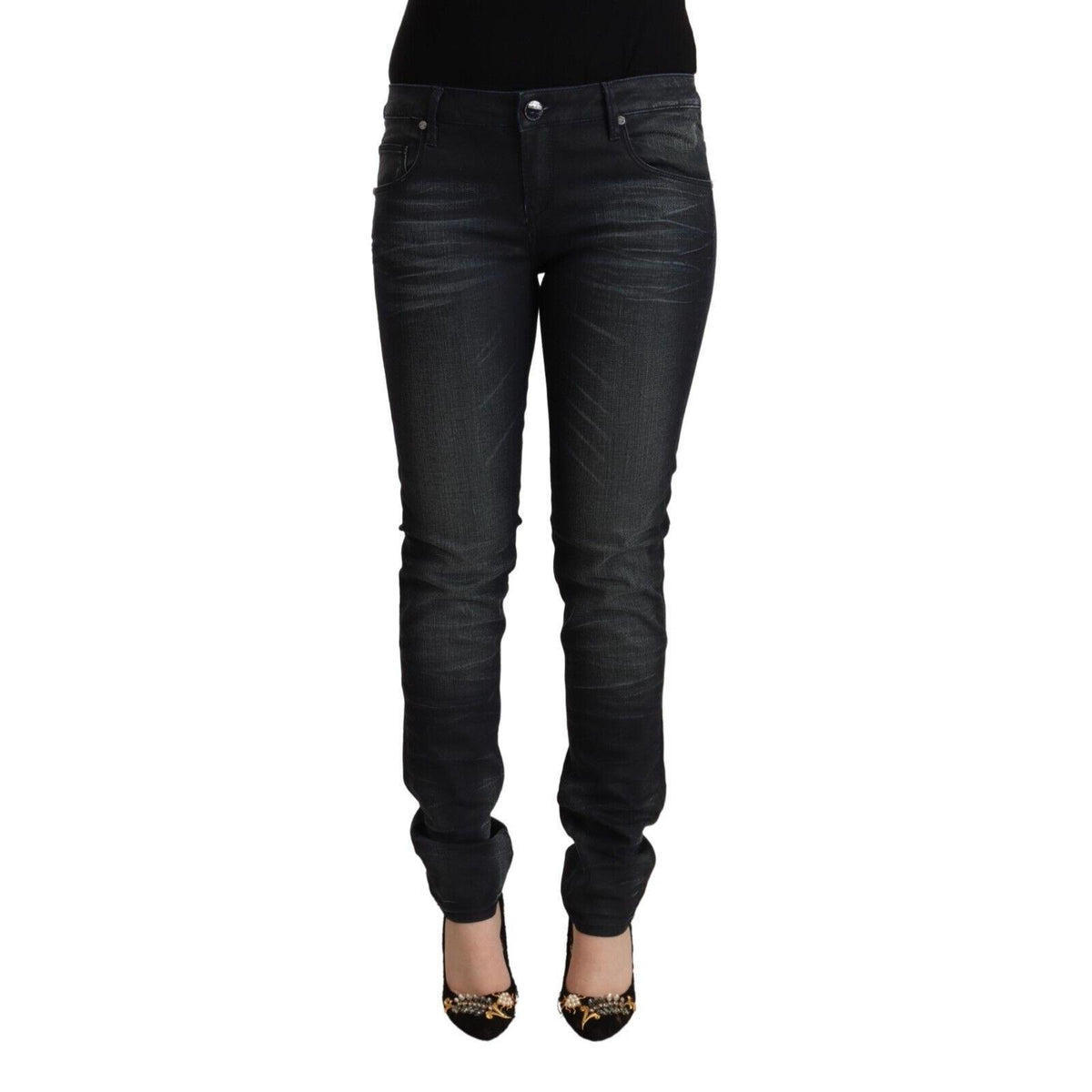Acht Black Washed Cotton Low Waist Slim Fit Denim Jeans