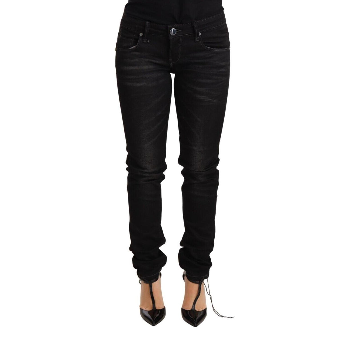 Acht Black Washed Cotton Slim Fit Denim Low Waist Trouser Jeans