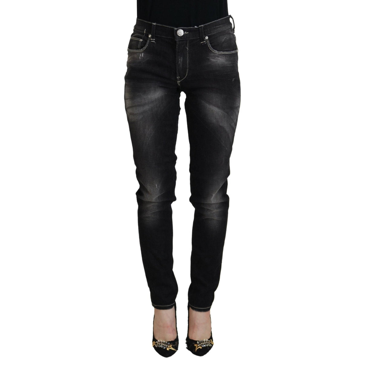 Acht Black Washed Mid Waist Tapered Women Casual Denim Jeans