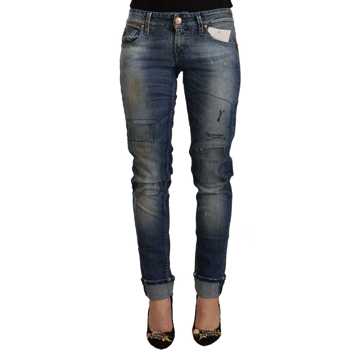 Acht Blue Washed Low Waist Folded Hem Slim Fit Jeans