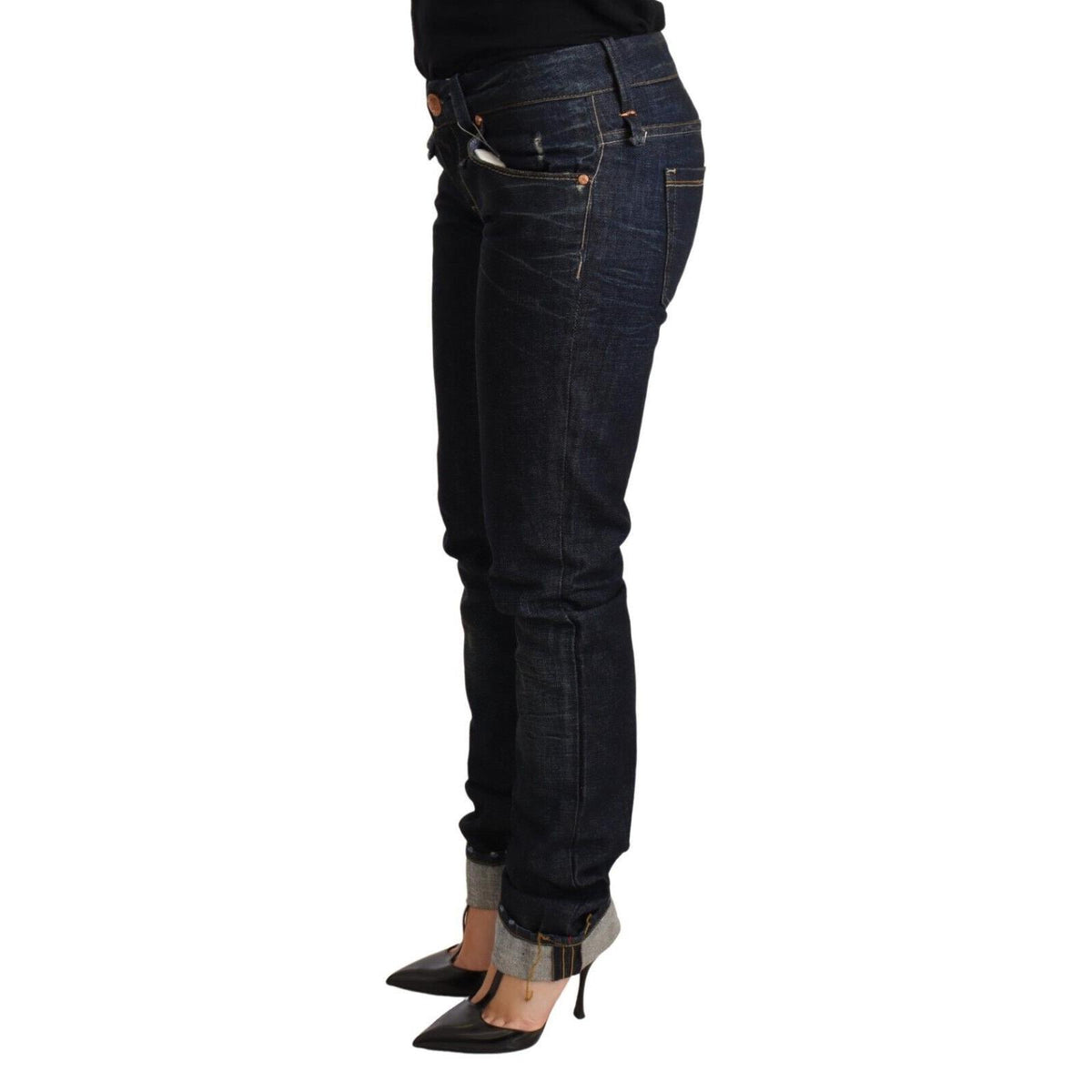 Acht Dark Blue Cotton Slim Fit Folded Hem Women Denim Trouser Jeans