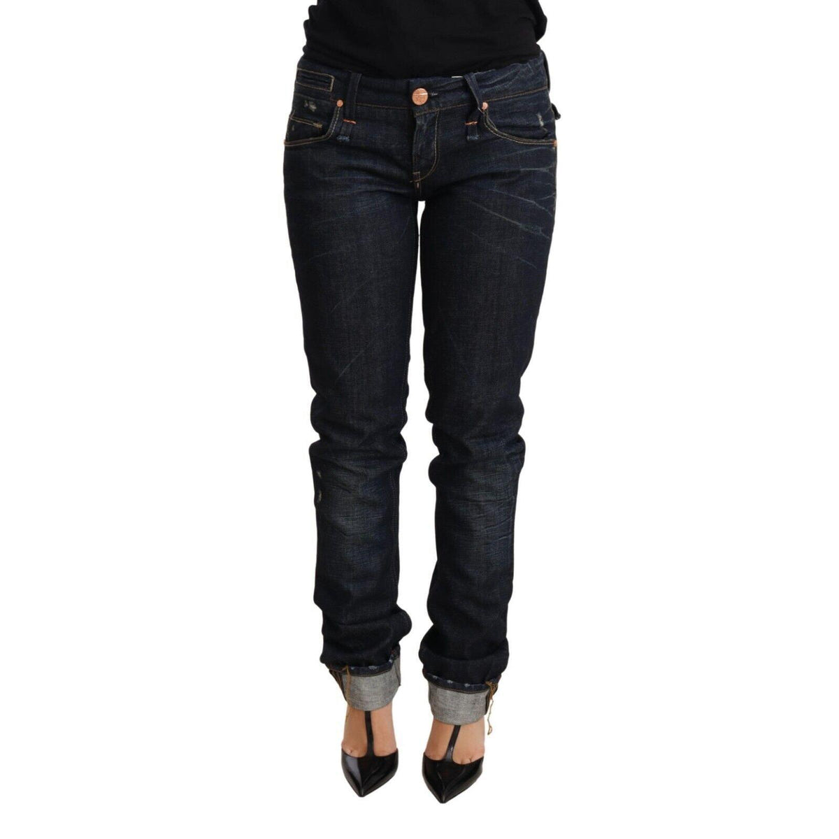 Acht Dark Blue Cotton Slim Fit Folded Hem Women Denim Trouser Jeans