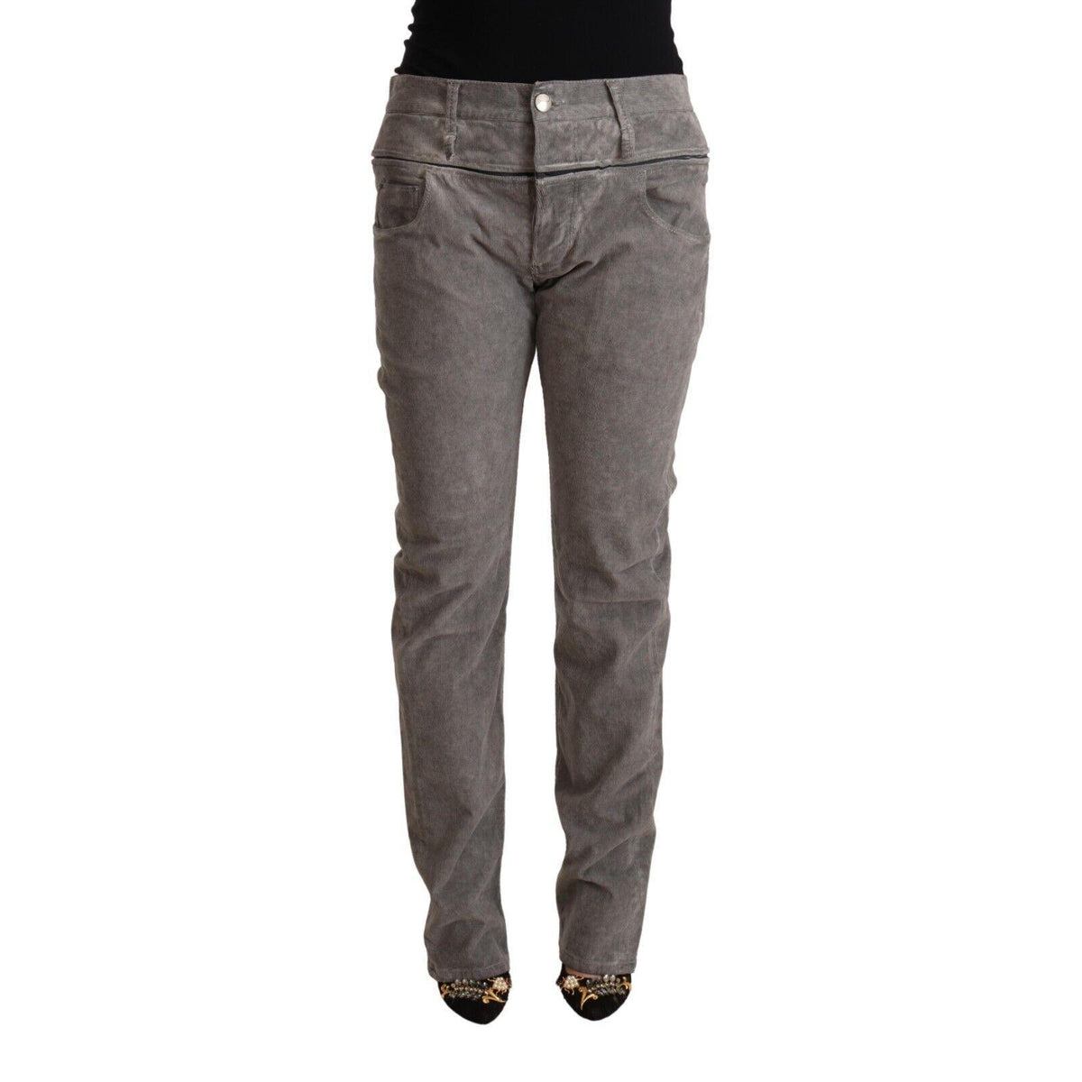 Acht Gray Cotton Straight Fit High Waist Pants
