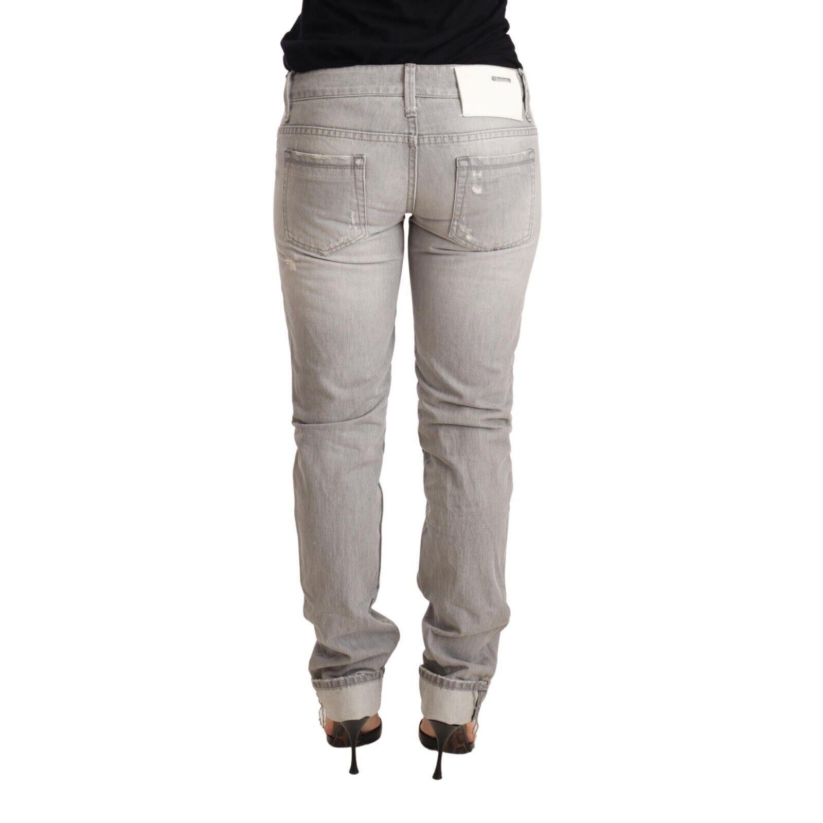 Acht Gray Tattered Cotton Slim Fit Folded Hem Women Denim Jeans